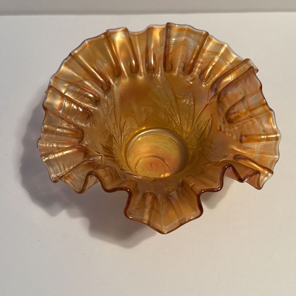 Fenton Marigold Carnival Glass Ruffled Bowl Holly Pattern Iridescent Color Shift